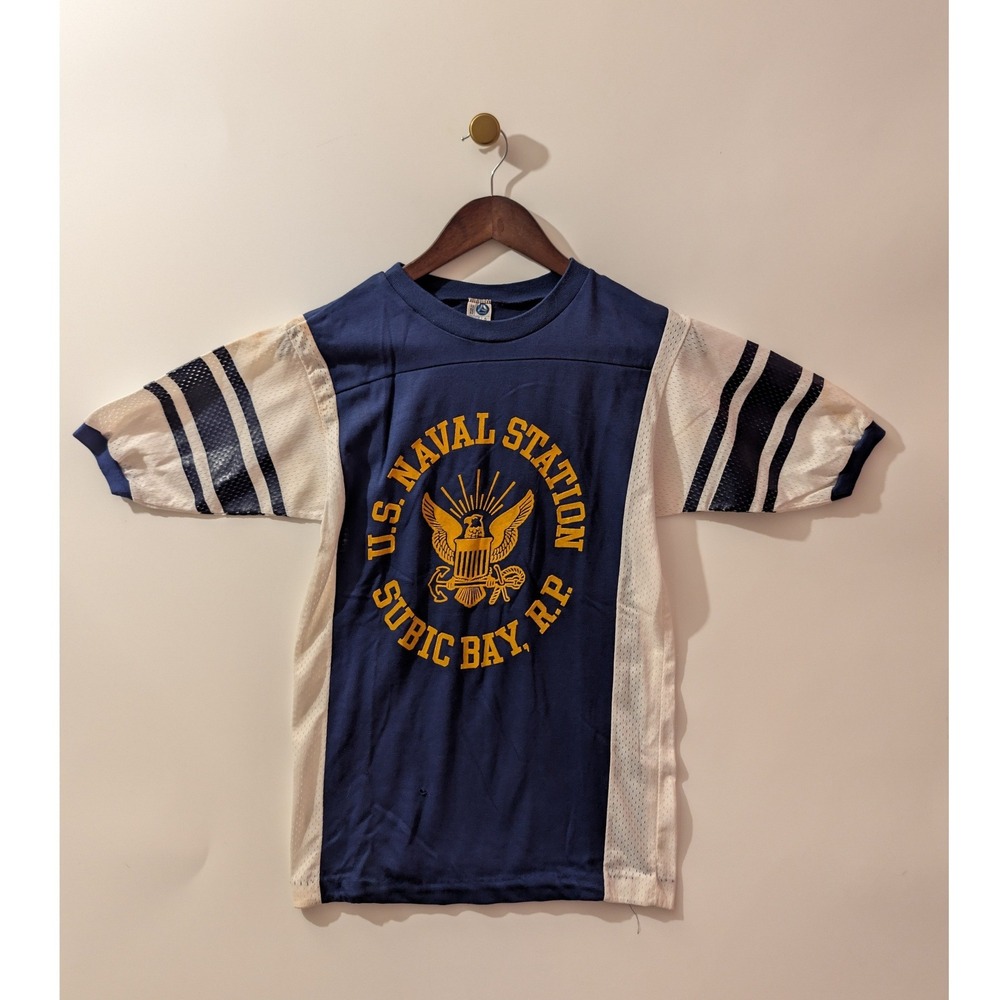 Vintage US Naval Station Subic Bay RP Jersey Mens S Blue Good Mesh Military 70s